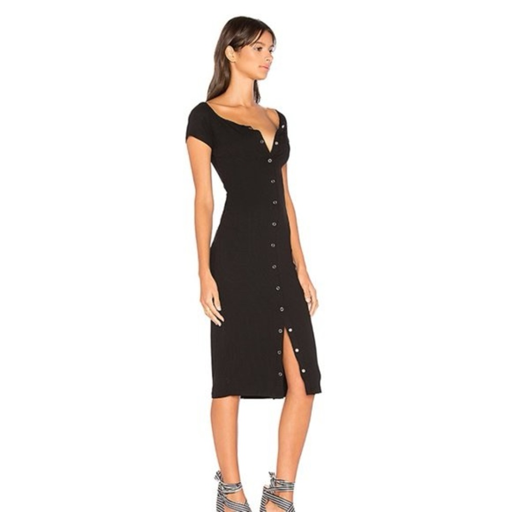 Black Ribbed Off the Shoulder Midi Button Front Dress